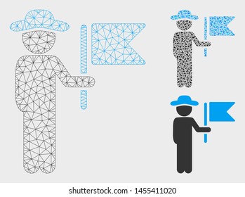 Mesh gentleman commander model with triangle mosaic icon. Wire carcass polygonal mesh of gentleman commander. Vector collage of triangle parts in variable sizes, and color hues.