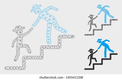Mesh gentleman education steps model with triangle mosaic icon. Wire carcass triangular mesh of gentleman education steps. Vector mosaic of triangle elements in variable sizes, and color shades.