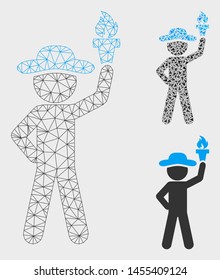 Mesh gentleman with freedom torch model with triangle mosaic icon. Wire carcass polygonal mesh of gentleman with freedom torch. Vector collage of triangle elements in variable sizes, and color tones.