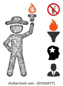 Mesh gentleman with freedom torch web 2d vector illustration. Model is based on gentleman with freedom torch flat icon. Net forms abstract gentleman with freedom torch flat model.