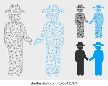 Mesh gentleman handshake model with triangle mosaic icon. Wire carcass triangular mesh of gentleman handshake. Vector collage of triangle elements in variable sizes, and color hues.