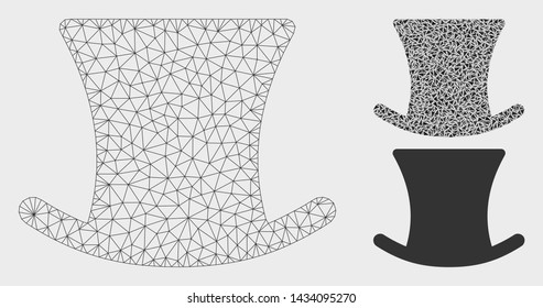 Mesh gentleman hat model with triangle mosaic icon. Wire frame polygonal mesh of gentleman hat. Vector mosaic of triangle elements in variable sizes, and color tints. Abstract 2d mesh gentleman hat,