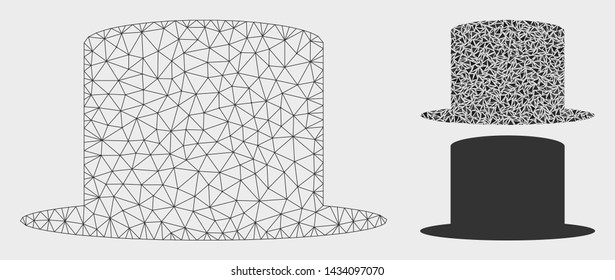 Mesh gentleman hat model with triangle mosaic icon. Wire frame triangular mesh of gentleman hat. Vector mosaic of triangle parts in different sizes, and color tints. Abstract 2d mesh gentleman hat,