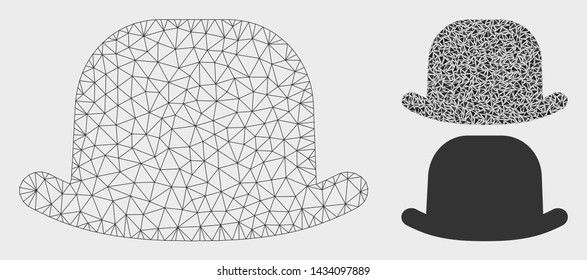 Mesh gentleman hat model with triangle mosaic icon. Wire carcass polygonal mesh of gentleman hat. Vector mosaic of triangle parts in various sizes, and color tints. Abstract 2d mesh gentleman hat,