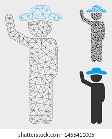 Mesh gentleman hitchhike model with triangle mosaic icon. Wire frame polygonal mesh of gentleman hitchhike. Vector mosaic of triangle elements in different sizes, and color shades.