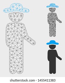Mesh gentleman idler model with triangle mosaic icon. Wire carcass triangular mesh of gentleman idler. Vector composition of triangle parts in variable sizes, and color tones.