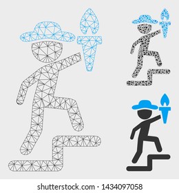 Mesh gentleman leader model with triangle mosaic icon. Wire frame triangular mesh of gentleman leader. Vector collage of triangle parts in different sizes, and color tones.
