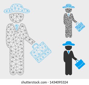Mesh gentleman manager model with triangle mosaic icon. Wire frame polygonal mesh of gentleman manager. Vector collage of triangle parts in various sizes, and color hues.
