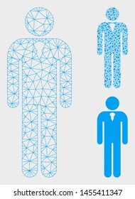 Mesh gentleman model with triangle mosaic icon. Wire frame triangular mesh of gentleman. Vector composition of triangle parts in variable sizes, and color tints. Abstract 2d mesh gentleman,