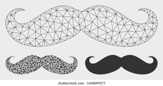 Mesh gentleman moustache model with triangle mosaic icon. Wire frame triangular mesh of gentleman moustache. Vector mosaic of triangles in different sizes, and color tints.