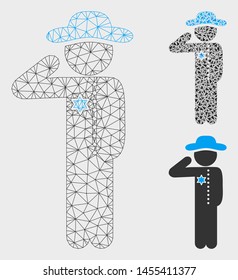 Mesh gentleman officer model with triangle mosaic icon. Wire carcass polygonal network of gentleman officer. Vector mosaic of triangle parts in various sizes, and color hues.