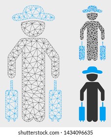 Mesh gentleman passenger model with triangle mosaic icon. Wire frame triangular mesh of gentleman passenger. Vector collage of triangles in various sizes, and color tones.
