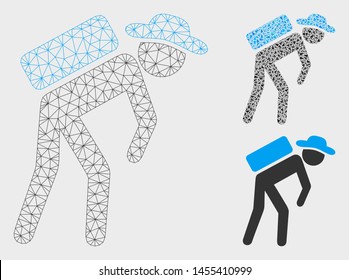 Mesh gentleman porter model with triangle mosaic icon. Wire carcass polygonal network of gentleman porter. Vector collage of triangle elements in variable sizes, and color hues.