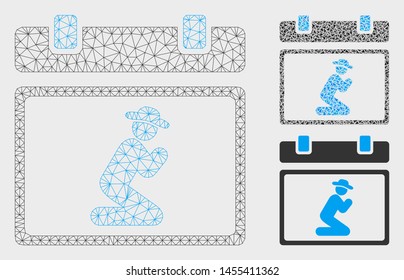 Mesh gentleman pray calendar page model with triangle mosaic icon. Wire frame polygonal mesh of gentleman pray calendar page. Vector composition of triangle elements in different sizes,