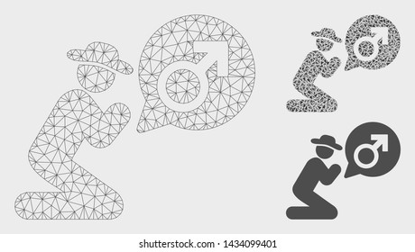 Mesh gentleman pray for potence model with triangle mosaic icon. Wire carcass polygonal mesh of gentleman pray for potence. Vector mosaic of triangle parts in variable sizes, and color tints.