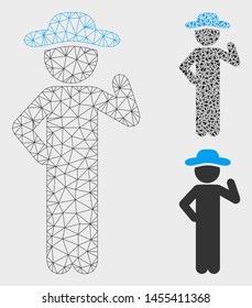 Mesh gentleman proposal model with triangle mosaic icon. Wire carcass triangular mesh of gentleman proposal. Vector collage of triangle parts in various sizes, and color shades.