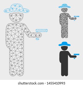 Mesh gentleman robber model with triangle mosaic icon. Wire frame polygonal mesh of gentleman robber. Vector mosaic of triangle elements in different sizes, and color shades.