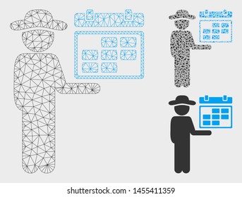 Mesh gentleman schedule model with triangle mosaic icon. Wire carcass triangular mesh of gentleman schedule. Vector mosaic of triangle elements in different sizes, and color tones.