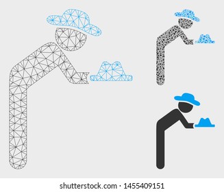 Mesh gentleman servant model with triangle mosaic icon. Wire carcass triangular mesh of gentleman servant. Vector mosaic of triangle parts in various sizes, and color shades.