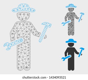 Mesh gentleman serviceman model with triangle mosaic icon. Wire carcass polygonal mesh of gentleman serviceman. Vector mosaic of triangle parts in different sizes, and color shades.