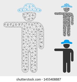 Mesh gentleman show model with triangle mosaic icon. Wire frame polygonal network of gentleman show. Vector mosaic of triangle parts in various sizes, and color tones. Abstract 2d mesh gentleman show,
