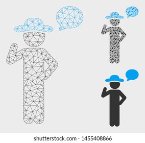 Mesh gentleman speech model with triangle mosaic icon. Wire carcass triangular mesh of gentleman speech. Vector mosaic of triangle parts in various sizes, and color tinges.
