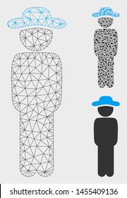 Mesh gentleman standing model with triangle mosaic icon. Wire carcass polygonal mesh of gentleman standing. Vector mosaic of triangle elements in variable sizes, and color tinges.