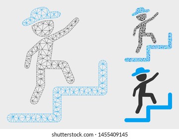 Mesh gentleman steps upstairs model with triangle mosaic icon. Wire frame triangular mesh of gentleman steps upstairs. Vector mosaic of triangle parts in different sizes, and color tints.