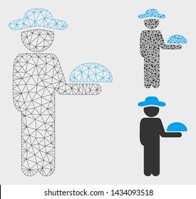 Mesh gentleman waiter model with triangle mosaic icon. Wire frame triangular mesh of gentleman waiter. Vector mosaic of triangle parts in various sizes, and color hues.