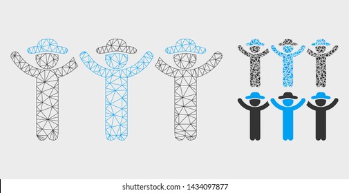 Mesh gentlemen hands up roundelay model with triangle mosaic icon. Wire carcass triangular network of gentlemen hands up roundelay. Vector mosaic of triangle parts in various sizes, and color shades.