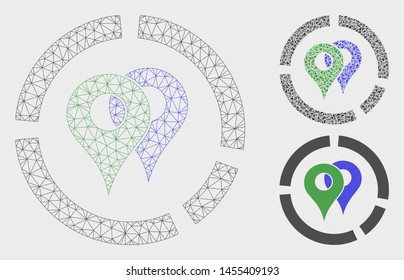 Mesh geo diagram model with triangle mosaic icon. Wire frame polygonal mesh of geo diagram. Vector collage of triangle parts in variable sizes, and color tints. Abstract 2d mesh geo diagram,