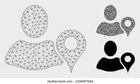 Mesh geo targeting model with triangle mosaic icon. Wire carcass polygonal network of geo targeting. Vector mosaic of triangle elements in various sizes, and color tints.