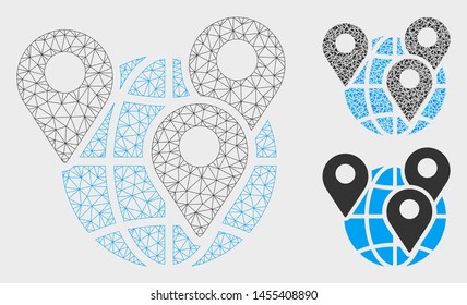 Mesh geo targeting model with triangle mosaic icon. Wire frame triangular mesh of geo targeting. Vector composition of triangle elements in variable sizes, and color tinges.