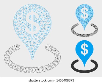 Mesh geo targeting model with triangle mosaic icon. Wire frame triangular mesh of geo targeting. Vector mosaic of triangles in different sizes, and color tones. Abstract 2d mesh geo targeting,