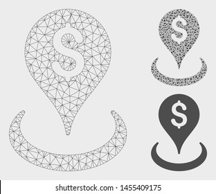 Mesh geo targeting model with triangle mosaic icon. Wire frame triangular mesh of geo targeting. Vector mosaic of triangles in variable sizes, and color tinges. Abstract 2d mesh geo targeting,