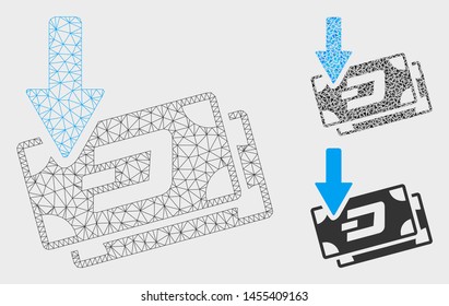 Mesh get arrow Dash banknotes model with triangle mosaic icon. Wire frame polygonal network of get arrow Dash banknotes. Vector mosaic of triangle parts in variable sizes, and color tinges.