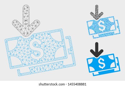 Mesh get banknotes model with triangle mosaic icon. Wire carcass triangular mesh of get banknotes. Vector composition of triangle parts in various sizes, and color tinges.