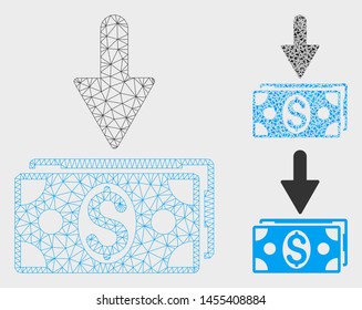 Mesh get dollar banknotes model with triangle mosaic icon. Wire carcass polygonal network of get dollar banknotes. Vector mosaic of triangle parts in different sizes, and color tints.