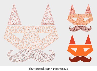 Mesh getleman fox head model with triangle mosaic icon. Wire carcass polygonal mesh of getleman fox head. Vector collage of triangle elements in different sizes, and color hues.