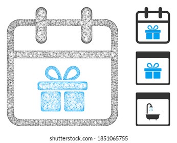 Mesh gift day polygonal web icon vector illustration. Carcass model is based on gift day flat icon. Triangle mesh forms abstract gift day flat model.
