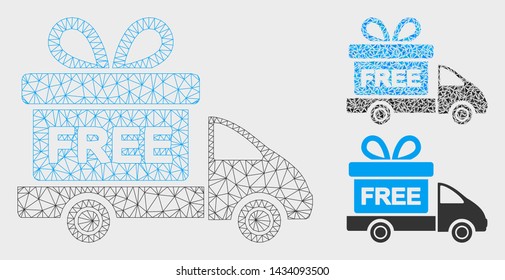 Mesh gift delivery model with triangle mosaic icon. Wire frame triangular mesh of gift delivery. Vector mosaic of triangle parts in different sizes, and color shades. Abstract flat mesh gift delivery,