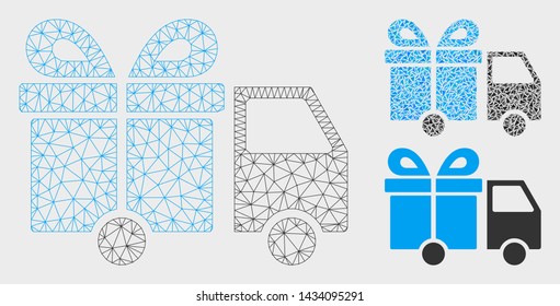 Mesh gift delivery van model with triangle mosaic icon. Wire carcass triangular mesh of gift delivery van. Vector mosaic of triangles in different sizes, and color shades.