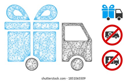 Mesh gift delivery van polygonal web symbol vector illustration. Model is based on gift delivery van flat icon. Triangle mesh forms abstract gift delivery van flat model.