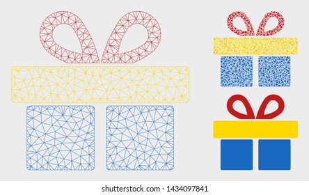 Mesh gift model with triangle mosaic icon. Wire carcass polygonal mesh of gift. Vector mosaic of triangle elements in various sizes, and color tinges. Abstract flat mesh gift,