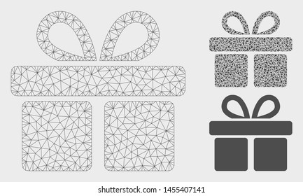Mesh gift model with triangle mosaic icon. Wire frame triangular mesh of gift. Vector mosaic of triangle parts in different sizes, and color hues. Abstract flat mesh gift,