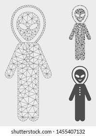 Mesh glad alien person model with triangle mosaic icon. Wire frame triangular mesh of glad alien person. Vector composition of triangle elements in various sizes, and color tinges.