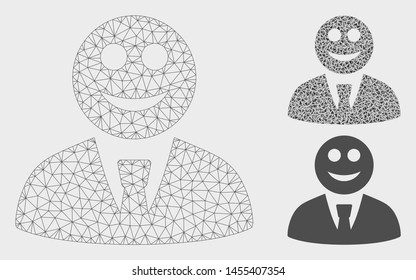 Mesh glad boss model with triangle mosaic icon. Wire carcass polygonal network of glad boss. Vector mosaic of triangle parts in variable sizes, and color shades. Abstract flat mesh glad boss,