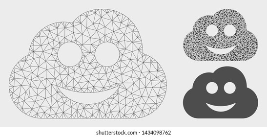 Mesh glad cloud model with triangle mosaic icon. Wire carcass polygonal mesh of glad cloud. Vector mosaic of triangle parts in different sizes, and color tones. Abstract flat mesh glad cloud,