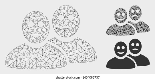 Mesh glad and sad people model with triangle mosaic icon. Wire frame triangular mesh of glad and sad people. Vector collage of triangle parts in different sizes, and color hues.