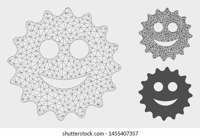 Mesh glad sticker model with triangle mosaic icon. Wire frame triangular mesh of glad sticker. Vector mosaic of triangle elements in various sizes, and color shades. Abstract 2d mesh glad sticker,